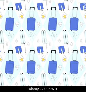 Travel-themed seamless pattern featuring suitcases, location symbols and airplanes in a mix of blue and white background. Trip endless backdrop. Vecto Stock Vector