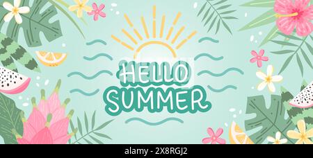 Hello Summer lettering, background with flowers and leaves. Hand drawn vector illustration Stock Vector