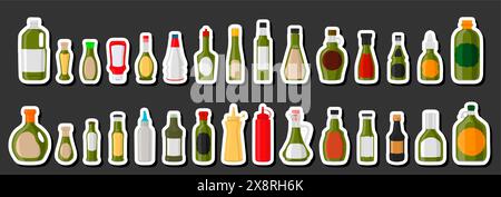 Illustration big kit varied glass bottles filled liquid sauce jalapeno, bottles consisting from jalapeno sauce, empty labels for titles, sauce jalapen Stock Vector