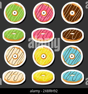 Illustration on theme big set different types sticky donuts, sweet doughnuts various size, donut pattern consisting of collection organic doughnuts fr Stock Vector