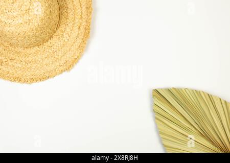 Top view of straw hat and dried palm leaf on white background. Summer fashion, vacation and beach wallpaper. Copy space, flat lay. Stock Photo