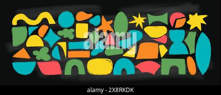 Curvature chalk colorful shapes and geometric forms on black chalk board background. Isolated textured hand drawings scrawls. Vector illustration Stock Vector