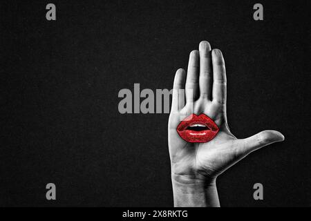 Hand Gesture Stop Sign in Black and White with Woman's Red Lips on Textured Paper Background, Copy Space Stock Photo