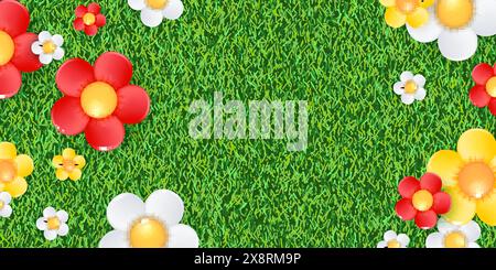 Spring or summer banner, poster, greeting card background with colorful 3d daisy flowers on green grass lawn. Vector illustration of glossy plastic ch Stock Vector