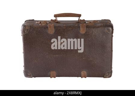 Old brown worn out suitcase isolated on white background with clipping path Stock Photo