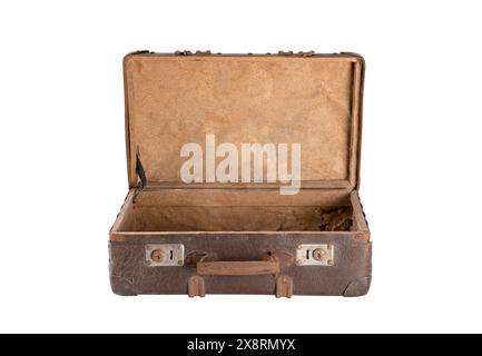 Old open brown worn out empty suitcase isolated on white background with clipping path Stock Photo