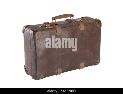 Old brown worn out suitcase isolated on white background with clipping path Stock Photo