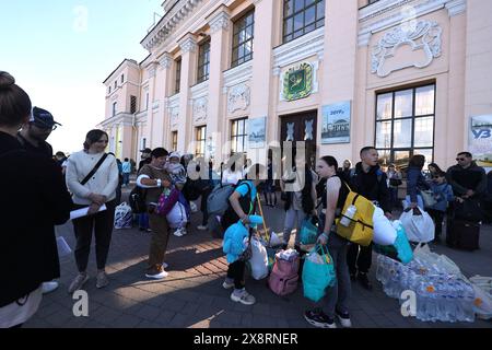 KHARKIV, UKRAINE - MAY 25, 2024 - Families with children evacuated from the frontline areas of Kharkiv region go on vacation to western Ukraine with the assistance of the Kharkiv Regional Military Administration, Kharkiv, northeastern Ukraine. Stock Photo