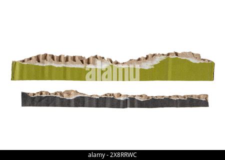 Two long narrow scraps of recycled green and black cardboard box isolated on white. Grunge packing paper design elements. Shabby fragments of shipping Stock Photo