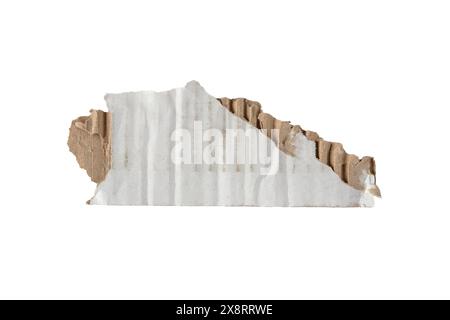 Scrap of white recycled cardboard box isolated on white. Grunge packing paper design element. Shabby fragment of shipping container. Torn corrugated c Stock Photo