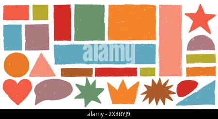 Colorful vector set with doodle rectangular shapes with rough edges, backgrounds, borders, frames, stars, speech bubble, crown Stock Vector