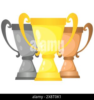 Set of vector trophy champion cups in gold, silver and bronze. Championship prizes for first, second and third place. Victory symbols isolated on whit Stock Vector