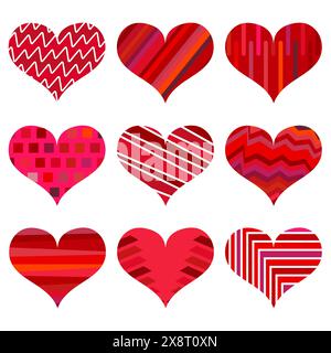 Set of different red hearts. Nine hearts isolated on a white background. Symbol of love. Elements for wedding template. Stock Vector
