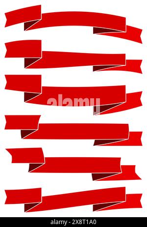 Six red cartoon ribbons for web design. Great design element isolated on white background. Vector illustration. Stock Vector