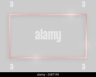 Shiny frame with glowing effects. Rose gold rectangular frame with shadow on grey background. Vector illustration Stock Vector