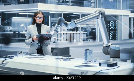 Young Beautiful Female Engineer Using a Tablet Computer, Researching and Developing a Futuristic Robotic Arm Machine in a High Tech Industrial Laboratory with Modern Equipment. Cinematic Footage. Stock Photo