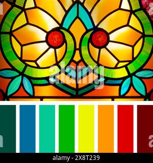 Art deco styles stained glass detail. In a colour palette with complimentary colour swatches. Stock Photo