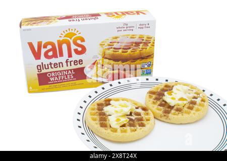 Ocala, Florida 4-25-24 box of Vans gluten free original waffles baked with whole grain brown rice on an isolated background. Two waffles with butter a Stock Photo