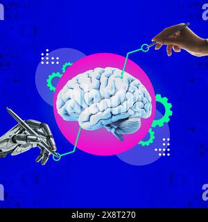 Contemporary art collage. Collaboration between human and artificial intelligence against vibrant blue background with mechanical gears. Stock Photo