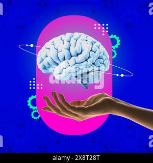 Contemporary art collage. artificial intelligence. Hand holding brain against vibrant blue background with mechanical gears. Stock Photo