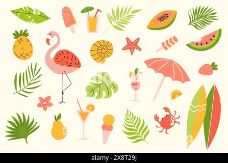 Handdrawn vector summer set. Palm leaves, fruits, flamingo, ice cream, cocktails, starfish, surfboard. Stock Vector