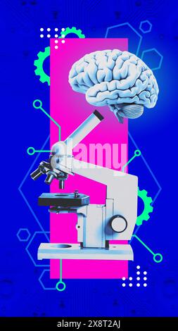 Contemporary art collage. with brain above it connected between each other. Biology and technology Stock Photo