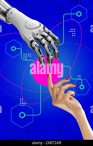 Contemporary art collage. Robotic hand and a human hand reaching towards each other against background with mechanical elements. Stock Photo