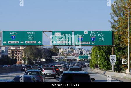 Freeway signage shown in downtown Los Angeles, California, looking north. Stock Photo