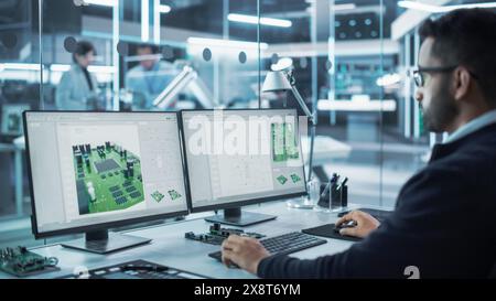 Portrait of a Handsome Hispanic Industrial Engineer Developing 3D Model of a Circuit Motherboard on Computer CAD Software in a Factory. Modern Technological Research and Development Center. Stock Photo