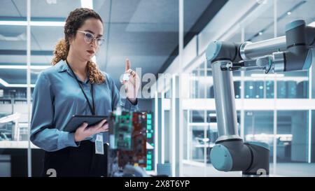 Diverse Industrial Robotics Engineer Experimenting With Robotic Arm. Female Scientist Using Tablet Computer to Manipulate and Program the Robot Hand to Move, Operate and Perform Tasks. Stock Photo