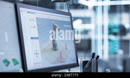 Close Up of a Computer Monitor Display with 3D Software Interface with Digital Robotic Arm Operation Tool. Concept of Technological Research and Development Application. Stock Photo