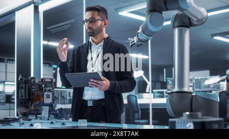 Portrait of a Young Multiethnic Male Engineer Using Tablet Computer. Interacting with a Robotic Arm Machine, Receiving a Microchip from the Hand. High Tech Industrial Laboratory Facility. Stock Photo