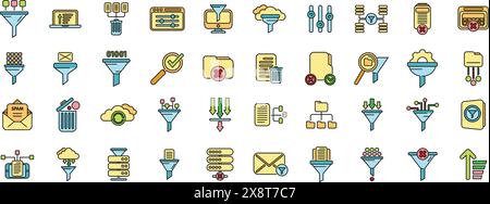 Content filter icons set outline vector. Internet funnel. Computer smart thin line color flat on white Stock Vector