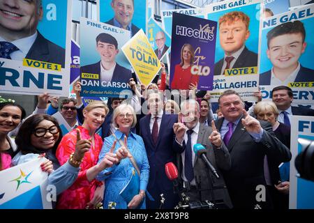 Taoiseach and Fine Gael leader Simon Harris (centre) poses with European local election candidates following a launch event for his party's European and local election manifestos in Dublin. Picture date: Monday May 27, 2024. Stock Photo