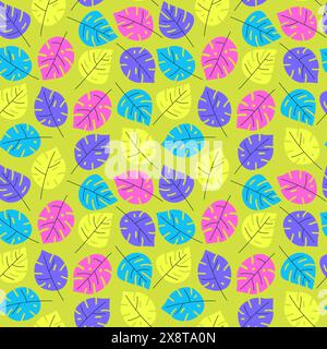 Colorful vivid seamless pattern with monstera leaves. Hand-drawn botanical elements, tropical leaves in cartoon style. Bright, juicy, neon colors. Vec Stock Vector