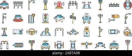 Road sensors icons set outline vector. Safety traffic. System control thin line color flat on white Stock Vector