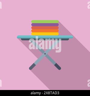 Vector graphic depicting neatly stacked towels in vibrant colors on a simple ironing board with a pink background Stock Vector