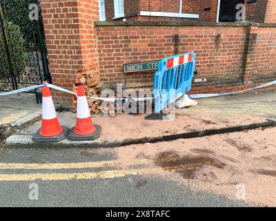 Datchet, UK. 20th May, 2024. Following a road traffic accident where a vehicle hit a brick wall at Datchet Lodge on the High Street in Datchet, Berkshire last week, the road still remains closed and taped off whislt further investigations are made into the safety of the wall. Credit: Maureen McLean/Alamy Stock Photo