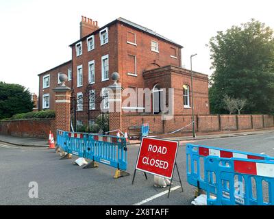 Datchet, UK. 20th May, 2024. Following a road traffic accident where a vehicle hit a brick wall at Datchet Lodge on the High Street in Datchet, Berkshire last week, the road still remains closed and taped off whislt further investigations are made into the safety of the wall. Credit: Maureen McLean/Alamy Stock Photo