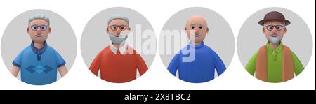 3D old man. People avatars. Cartoon character. Senior person patient. Grandpa face with beard. Grandparent in age. Users profile. Male hairstyle. Gran Stock Vector