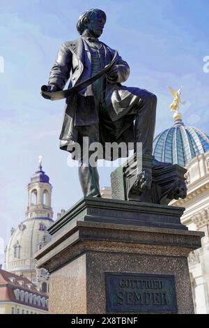 Dresden, Saxony, Germany, Europe, Bronze statue of Gottfried Semper in front of a historic building with dome in the background Stock Photo