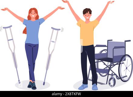 People with disabilities celebrate end of rehabilitation, stand near crutches and wheelchair Stock Vector