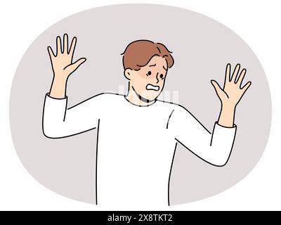 Frightened man raises hands in surrender and demonstrates obedience and refusal to resist. Frightened guy experiencing panic attack due to phobia associated with psychological trauma Stock Vector
