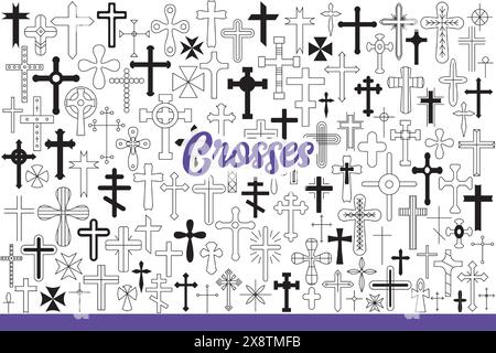 Religious crosses and crucifix symbolizing christianity and catholicism or orthodoxy. Various christianity symbols from temples and cathedrals for believing parishioners. Hand drawn doodle Stock Vector
