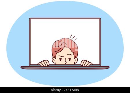 Man with frightened face looks out of laptop screen for concept of non-professional work on Internet and IT technologies. Frightened guy in laptop display looks at you in disbelief Stock Vector