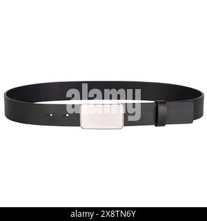 Black Leather Belt with Silver Buckle. Isolated. Stock Photo