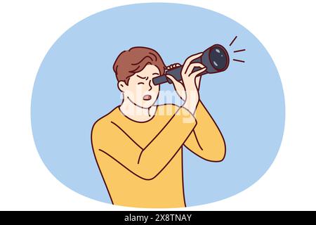 Shocked guy is looking through spyglass while looking at sights or watching rare astronomical phenomenon. Surprised man spying on neighbors using spyglass for uncoordinated surveillance Stock Vector