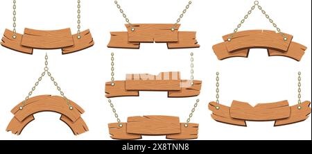 Wooden sign boards on iron chains Stock Vector