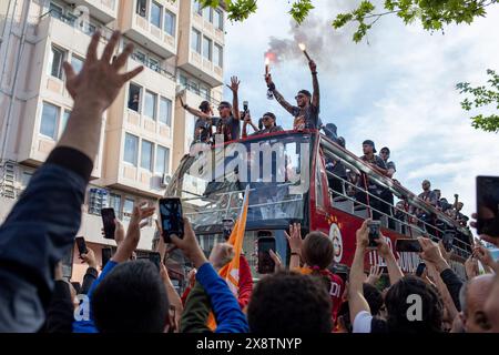 May 27, 2024: Istanbul, Turkey, May 27, 2024: Galatasaray became champion in the Turkish Super Football League for the 24th time with a record score in 2024. In Istanbul, fans gathered in Taksim to celebrated the championship together with Galatasaray football players. (Credit Image: © Tolga Ildun/ZUMA Press Wire) EDITORIAL USAGE ONLY! Not for Commercial USAGE! Credit: ZUMA Press, Inc./Alamy Live News Stock Photo
