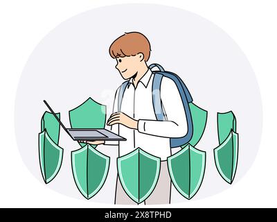 Boy with laptop is learning cyber protect and installing antivirus software standing among green shields. School student uses apps to cyber protect personal data from hackers or viruses Stock Vector
